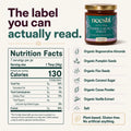 An infographic explaining how to read food labels, featuring a jar of Neeshi Dark Cacao Spread at the top right. The left side shows a large headline reading 'The label you can actually read.