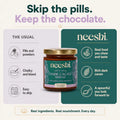 A promotional graphic for Neeshi Dark Cacao Spread, showing a jar of the spread centered between two informational panels. The top text reads 'Skip the pills.