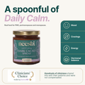 A jar of neesihi Dark Cacao Spread on a white background with marketing text reading 'A spoonful of Daily Calm.' and feature icons for mood, cravings, energy, and hormonal balance.