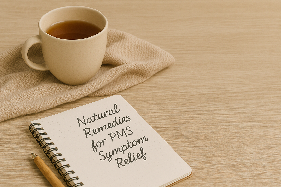 Warm tea and journal to pair with nutrient-dense foods for natural PMS relief.