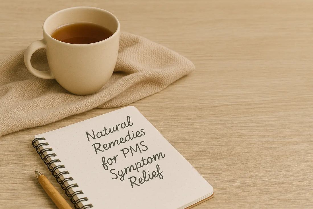 Warm tea and journal to pair with nutrient-dense foods for natural PMS relief.