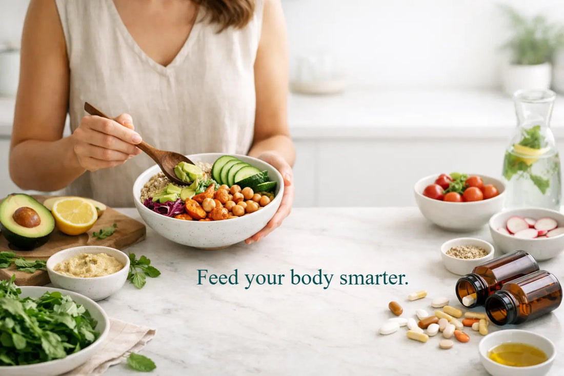 A women in the kitchen making a nutritious bowl of food