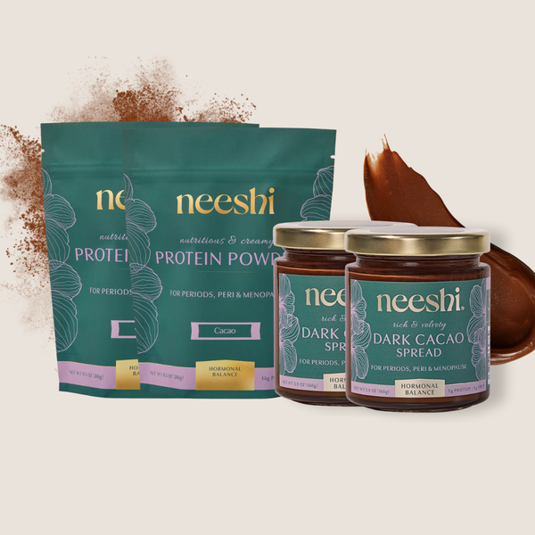 Neeshi Hormonal Balance Bundle of 2 Dark Cacao Spread Jars and 2 Pouches of Protein Blend