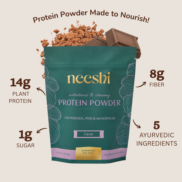 Neeshi protein powder packaging with nutritional information on a beige background