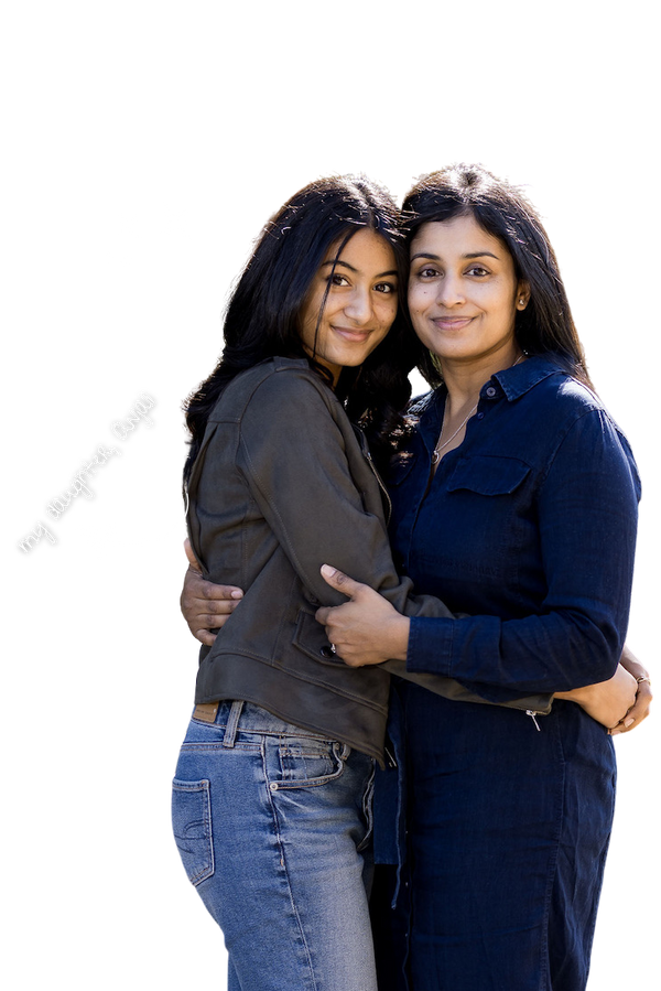 Two women standing close together 