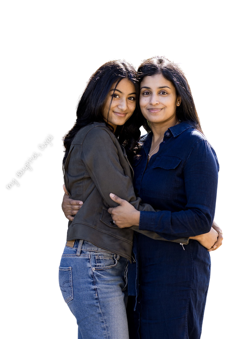 Two women standing close together 