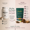 Neeshi protein powder container with supplement ingredients on a light background