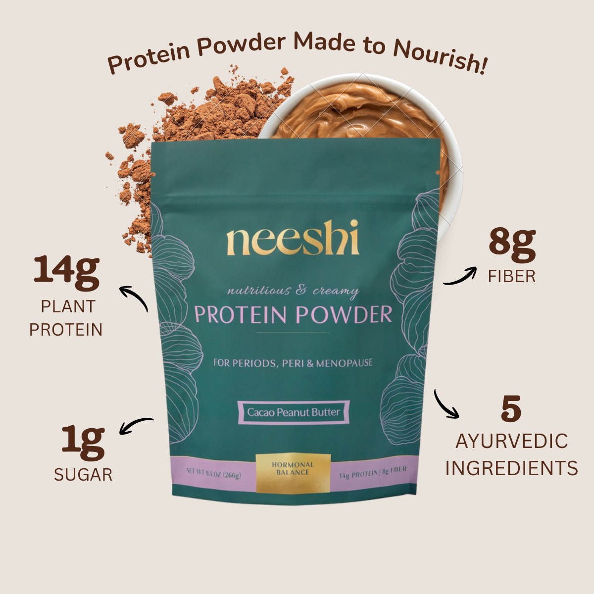 Neeshi protein powder packaging with nutritional information on a beige background