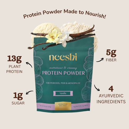 Neeshi protein powder package with vanilla flavor, plant protein, fiber, sugar, and ayurvedic ingredients information.