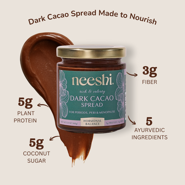 Neeshi dark cacao spread jar with nutritional information on a beige background