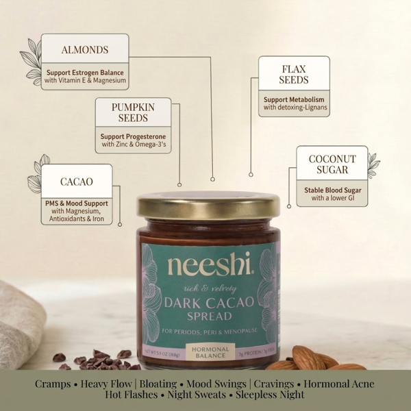 Neeshi dark cacao spread jar with details listed on a light background